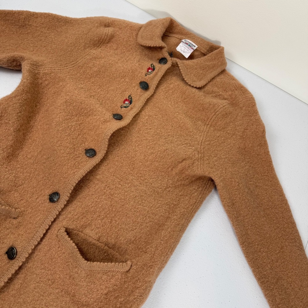 Cityscape Vintage 100% Wool Embroidered Cardigan Sweater Camel Tan L Floral